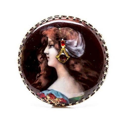 A Yellow Gold and Polychrome Enamel Portrait Brooch/Pendant, 17.25 dwts.