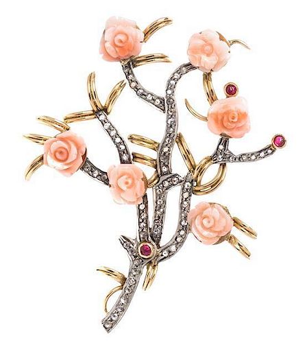 * A Gold, Coral, Diamond and Ruby Rose Brooch, 9.70 dwts.