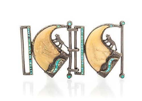 * A Victorian Silver, Turquoise and Tiger Claw Buckle, Circa 1880, 44.60 dwts.