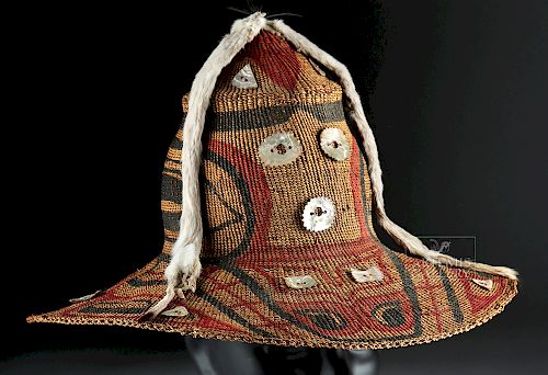 Early 20th C. Haida Ceremonial Woven Hat w/ Ermine Pelt