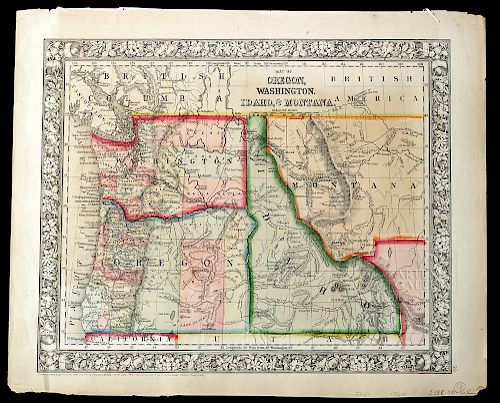 19th C Map Oregon, Washington, Idaho, & Part of Montana