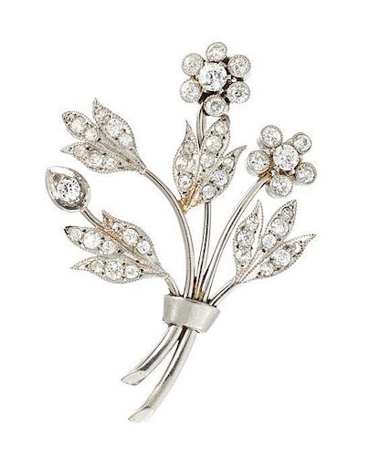 A White Gold and Diamond Foliate Brooch, 9.80 dwts.