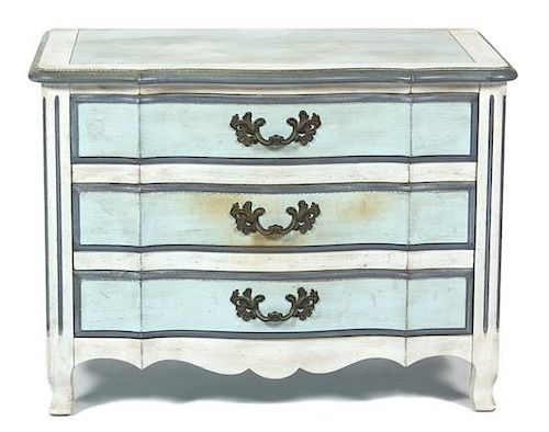 A Louis XV Style Painted Diminutive Chest Height 22 x width 30 x depth 17 1/2 inches.