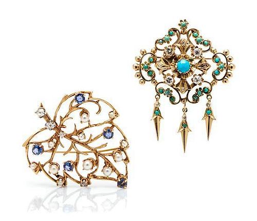 A Collection of 14 Karat Yellow Gold and Multi Gem Brooches, 20.50 dwts.