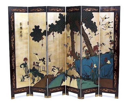 An Asian Polychromed Lacquer Six-Panel Screen Height of each 72 x width 16 inches.