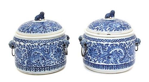 A Pair of Chinese Export Blue and White Porcelain Covered Bowls Height 8 inches.