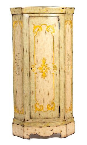 A Venetian Style Faux Vellum Corner Cabinet Height 69 inches.