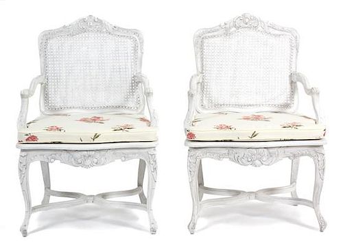 A Pair of Louis XV Style Cane Back and Seat Fauteuils Height 38 inches.