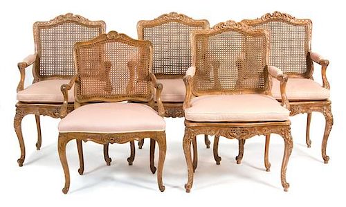 Five Louis XV Style Carved and Painted Fauteuils Height 39 inches.