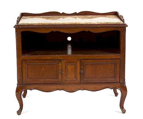 A French Provincial Style Marble Top Bedside Cabinet Height 29 1/2 x width 33 1/2 x depth 19 inches.