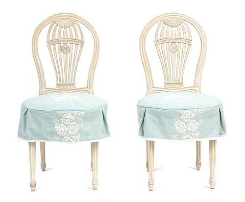 A Set of Six French Painted Mongolfier Side Chairs Height 37 3/4 inches.