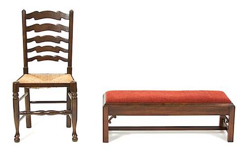 A George Style Mahogany Low Bench and an Oak Ladder Back Side Chair Height of bench 12 1/2 x width 38 x depth 14 inches.