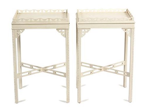 A Pair of Chinese Chippendale Style White Painted Side Tables Height 28 1/4 x width 18 x depth 15 inches.