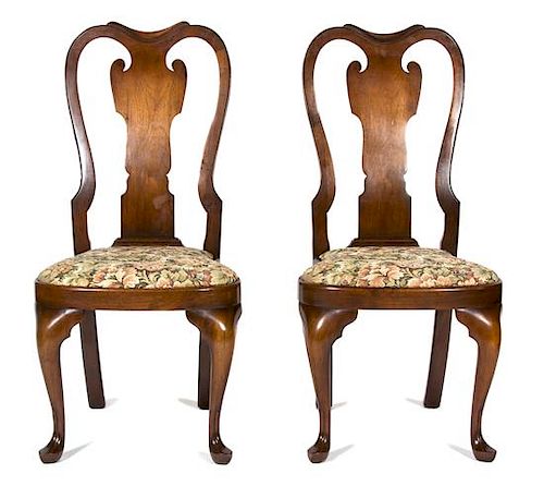 Two Queen Anne Style Mahogany Side Chairs and a Chippendale Style Footstool Height of chair 40 1/2 inches.