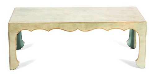 A Contemporary Asian Style Pale Green and Parcel Gilt Lacquer Coffee Table Height 15 x width 42 x depth 20 3/4 inches.