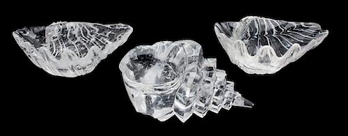 Three Robert Kuo Rock Crystal Shell-Form Bowls Length of largest 10 inches.