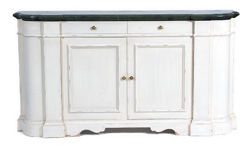 A Custom-made White Painted Console Cabinet with a Faux Green Marble Top Height 39 x width 72 x depth 14 inches.