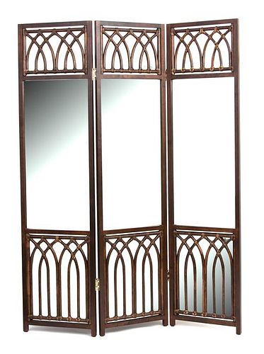 A Three Panel Mahogany, Rattan and Mirrored Floor Screen Each panel 89 x 22 1/2 inches.