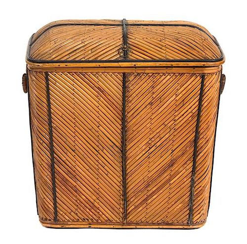 A Bamboo Faced Wood Hinged Top Hamper Height 21 x width 21 x depth 13 inches.