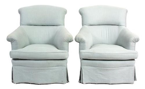 A Pair of Contemporary Blue Linen Upholstered Armchairs and Matching Ottoman Height of chair 36 3/4 inches.