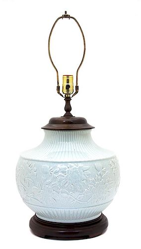 A Contemporary Celadon Glazed Table Lamp Height overall 27 inches.