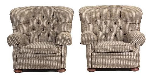 A Pair of Upholstered Button-Tufted Armchairs with a Matching Ottoman Height 37 inches.