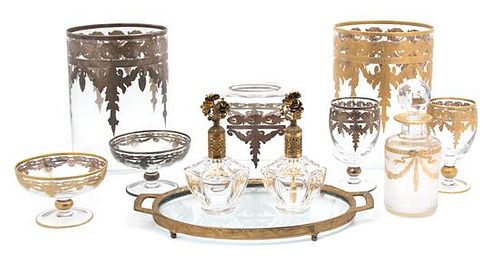 A Miscellaneous Group of Glass Vanity Items Height of waste can 9 1/4 inches.