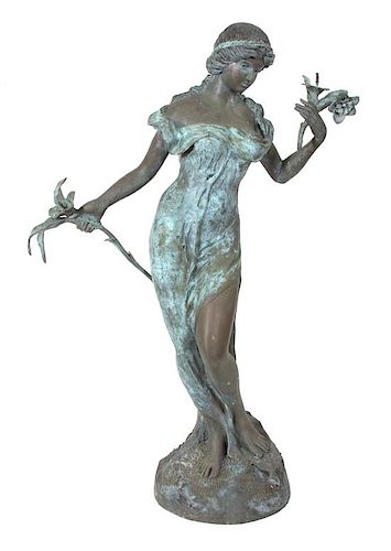 A Large Art Nouveau Style Bronze Fountain Depicting a Female with Flowers in Hand Height 69 inches.