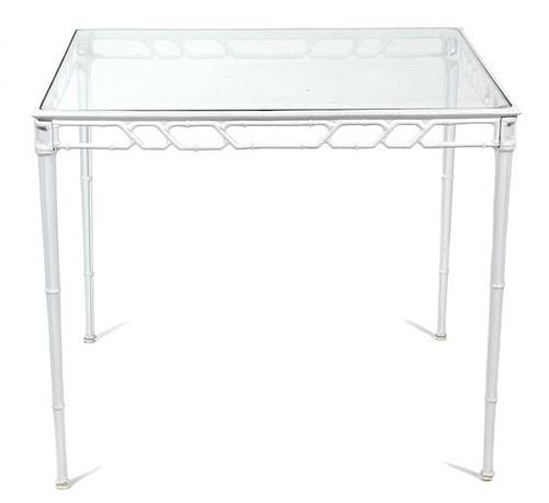 A Chinese Chippendale Style Painted Aluminum Glass Top Table Height 29 1/2 x width 35 x depth 35 inches.