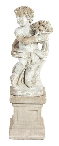 A Garden Statuary Carved Stone Figure of a Cherub Holding a Basket of Fruit Height 40 inches.