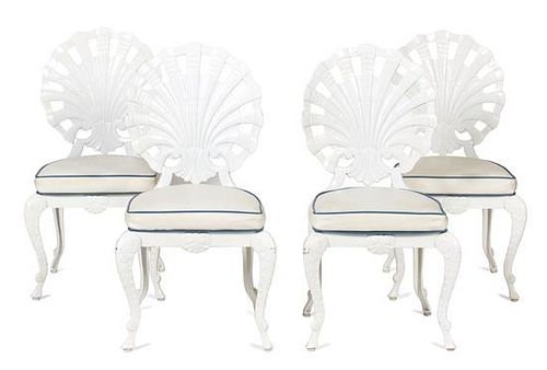 A White Painted Metal Glass Top Table and Four Shell-Form Back Chairs Height of chairs 37 inches.