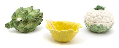 Three Glazed Ceramic Vegetable-Form Bowls Length of largest 6 3/4 inches.