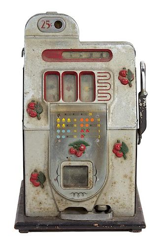 A Mills 25 Cent Slot Machine Height 26 x width 16 x depth 15 inches.