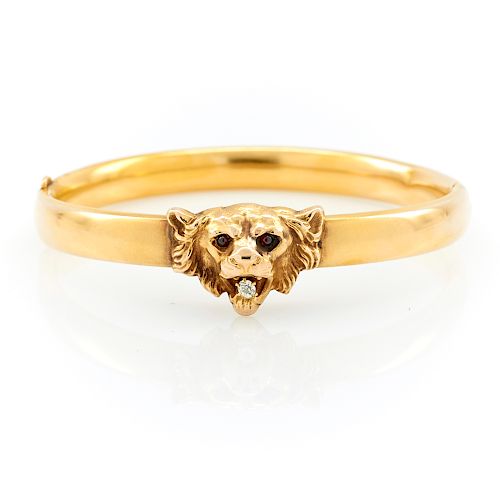 14k Yellow gold, diamond & garnet Victorian lion head bangle bracelet