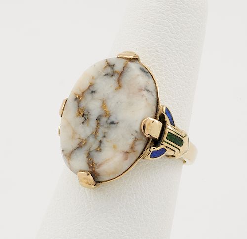 14k Yellow gold & gold quartz ring with inlaid shoulders