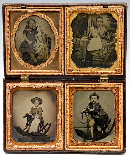 4 mid-19th c 1/6 plate ambrotypes, children with toys