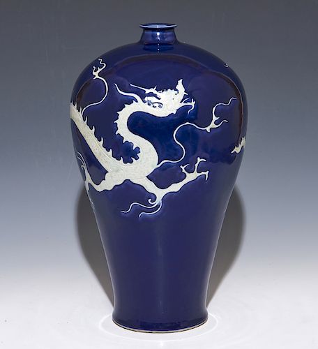 Large Blue Glazed White Reserved Dragon Meiping, Ming