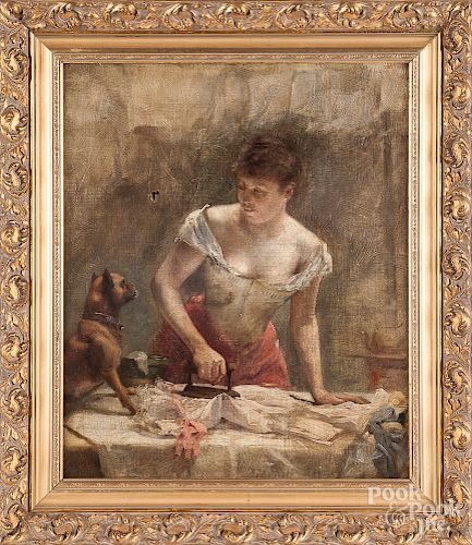 French oil on canvas of a woman ironing
