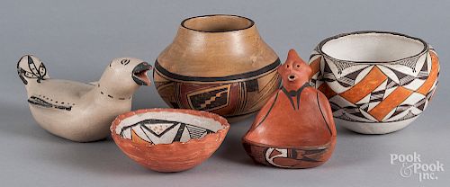 Five pieces of Native American pottery