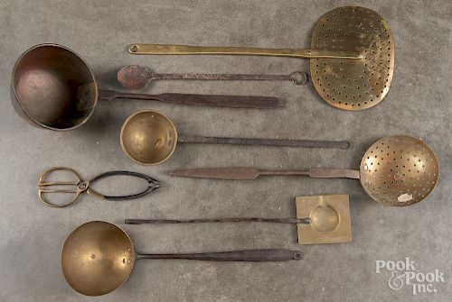 Group of wrought iron, copper and brass utensils