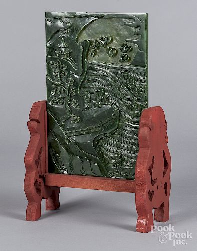 Chinese carved spinach jade table screen