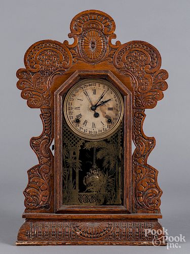 Pressed oak mantel clock