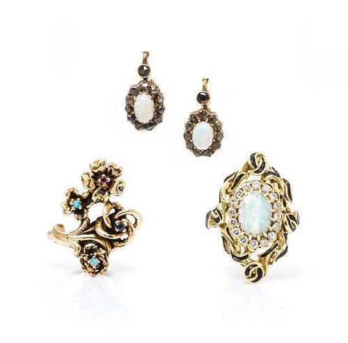 * A Collection of Yellow Gold, Opal, Diamond and Enamel Jewelry, 12.70 dwts.