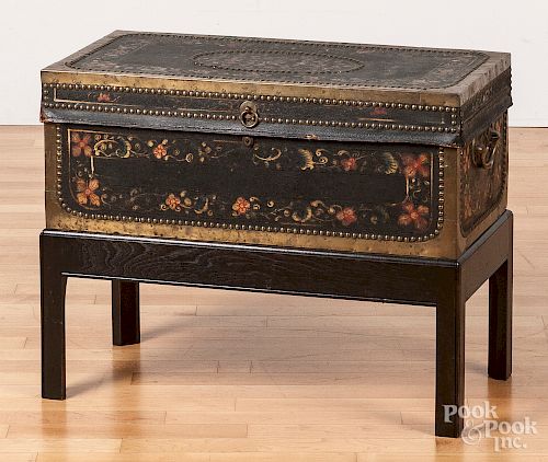 China Trade painted leather chest on stand