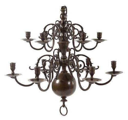 A Dutch Baroque Style Bronzed Metal Twelve-Light Chandelier Height 27 x diameter 26 1/8 inches.