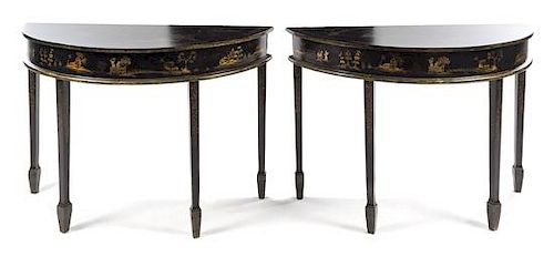 A Pair of Regency Style Painted Console Tables Height 33 1/2 x width 48 x depth 19 inches.
