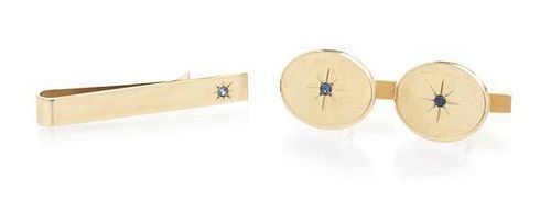 A Yellow Gold and Sapphire Cufflink and Tie Bar Set, Tiffany & Co., 11.30 dwts.