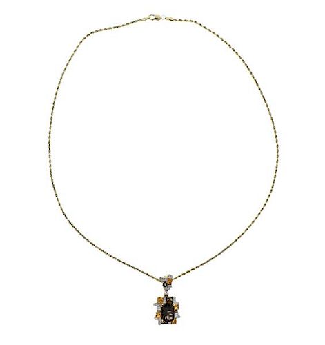 18k Gold Smokey Topaz Quartz Diamond Pendant 14k Necklace 