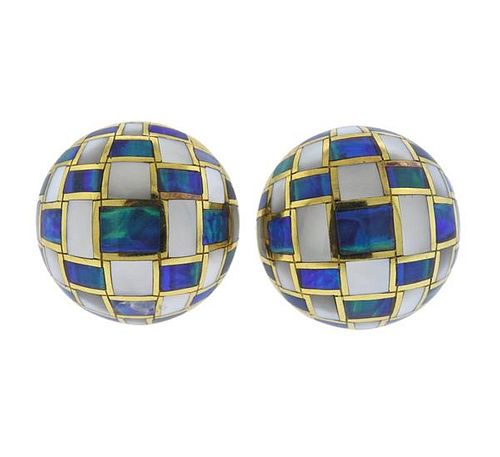 Tiffany &amp; Co Opal MOP Inlay 18k Gold Checkerboard Earrings 