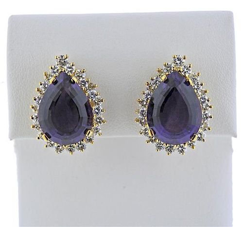 18K Gold Diamond Purple Stone Teardrop Earrings